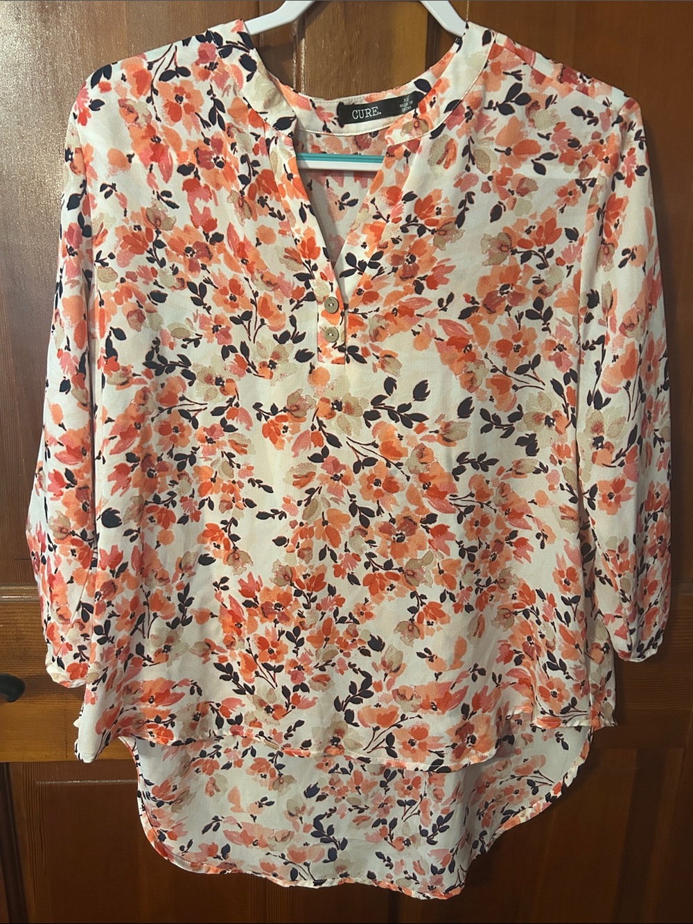 Floral Split-Neck Blouse in Peach and Plum
